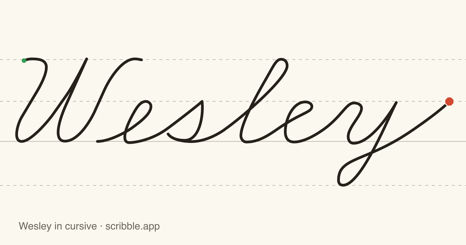 Wesley written in cursive on handwriting guidelines, with a green starting dot and a red stop sign