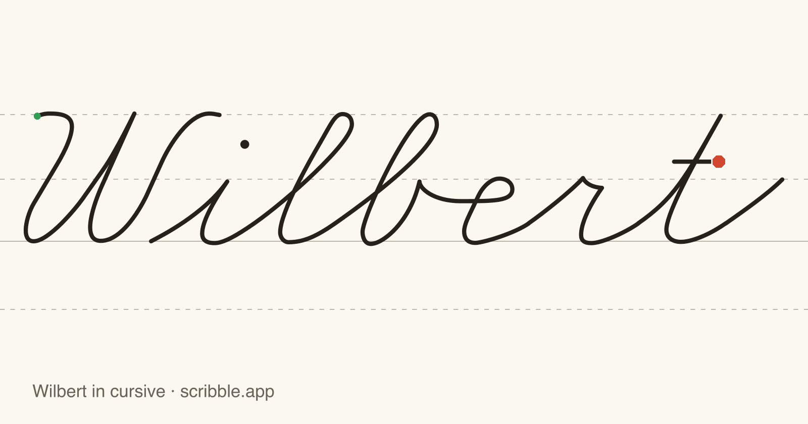 Wilbert written in cursive on handwriting guidelines, with a green starting dot and a red stop sign