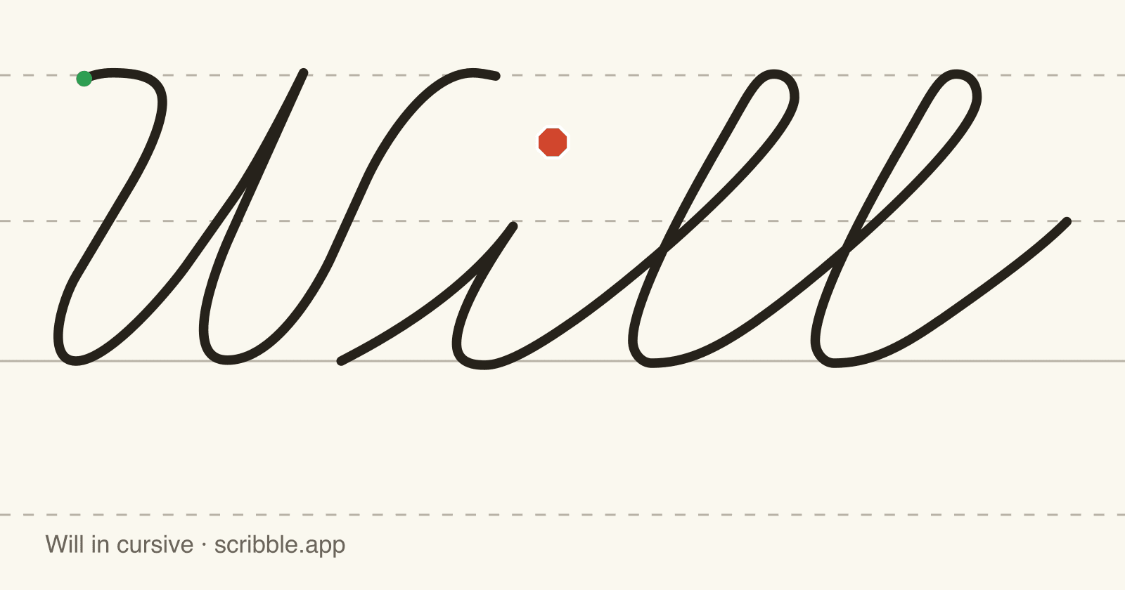 Will written in cursive on handwriting guidelines, with a green starting dot and a red stop sign