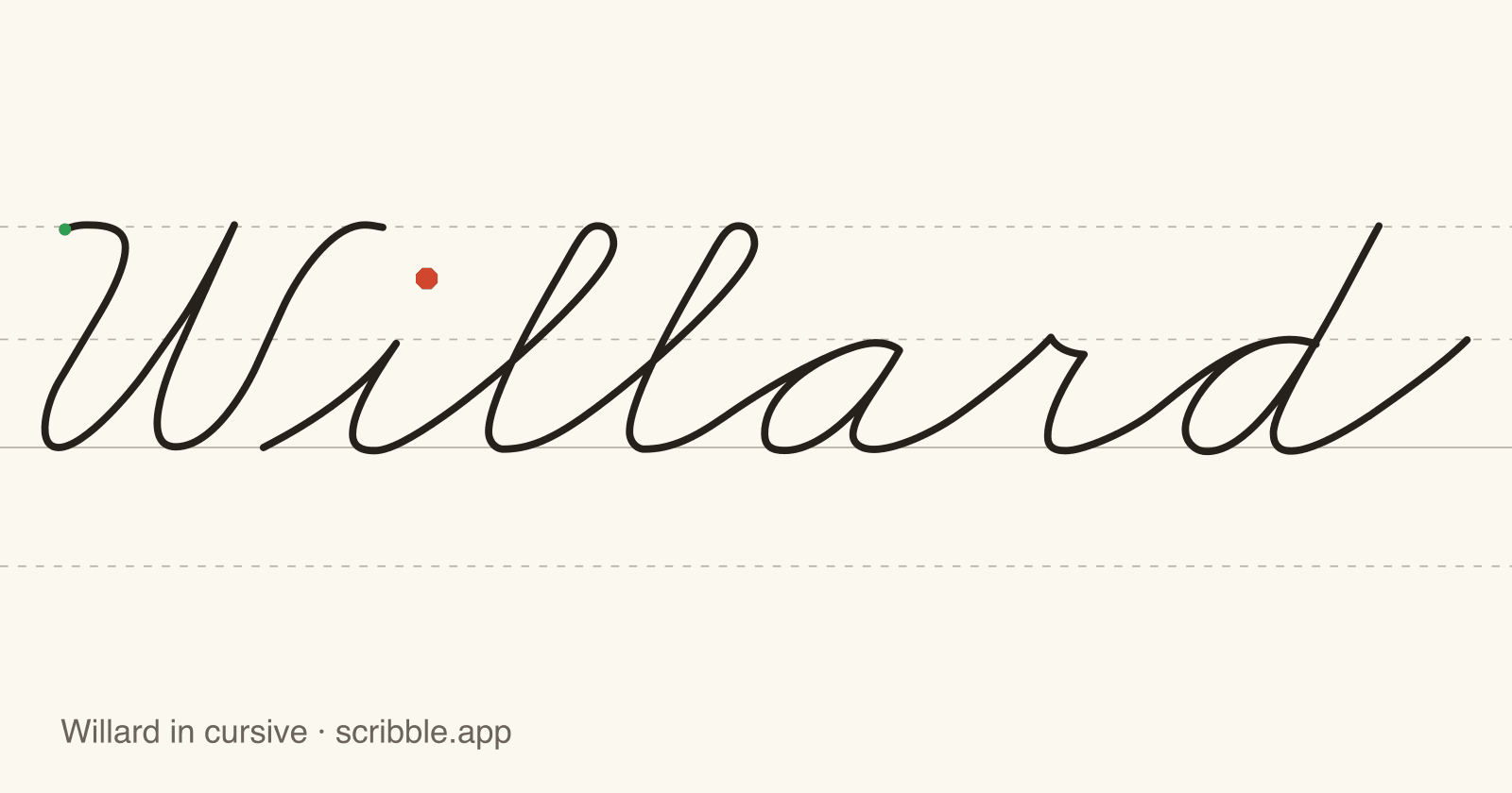 Willard written in cursive on handwriting guidelines, with a green starting dot and a red stop sign