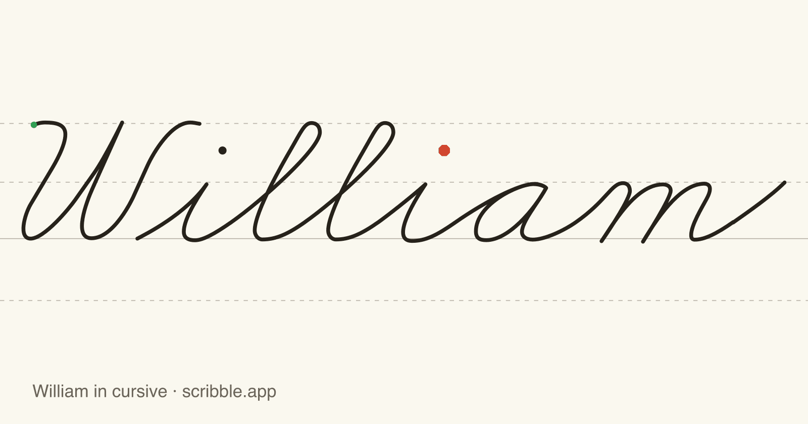 William written in cursive on handwriting guidelines, with a green starting dot and a red stop sign