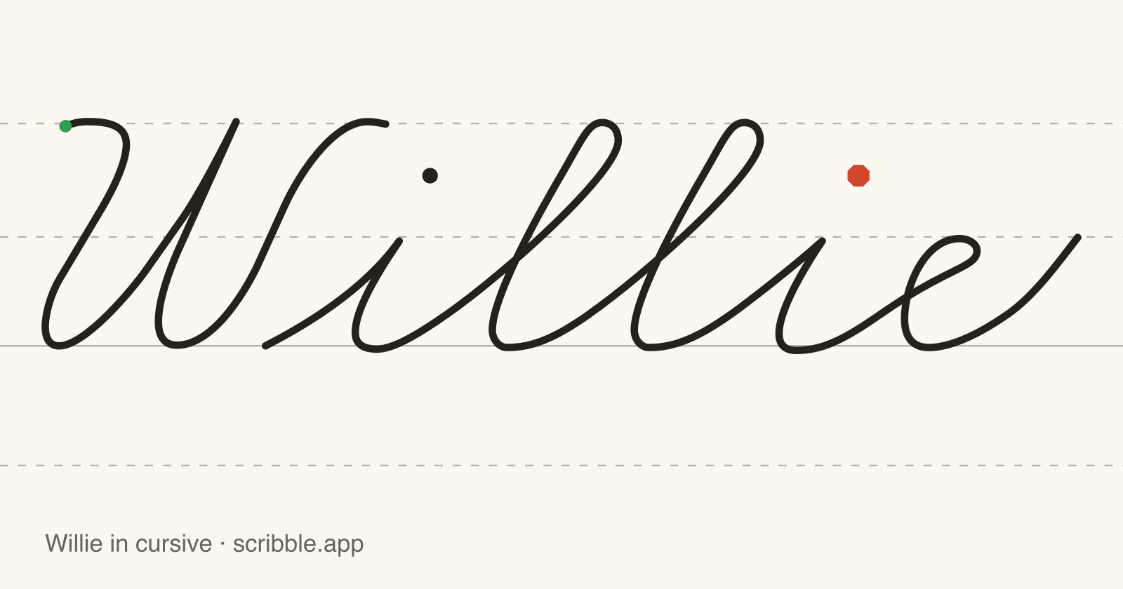 Willie written in cursive on handwriting guidelines, with a green starting dot and a red stop sign