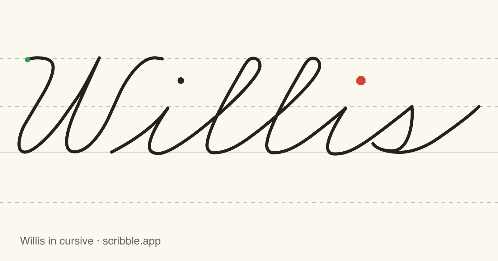 Willis written in cursive on handwriting guidelines, with a green starting dot and a red stop sign