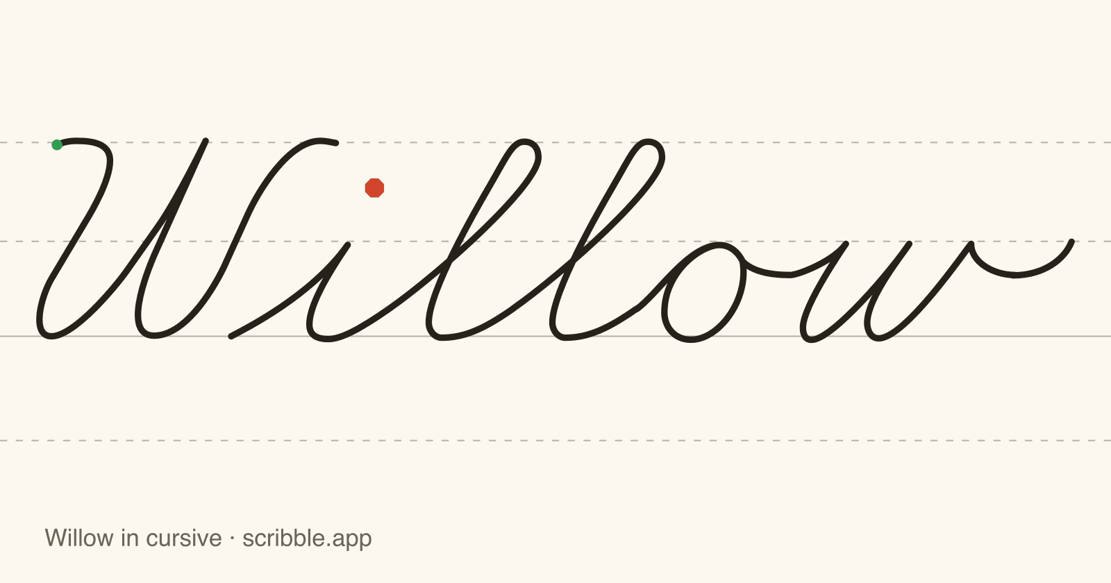 Willow written in cursive on handwriting guidelines, with a green starting dot and a red stop sign