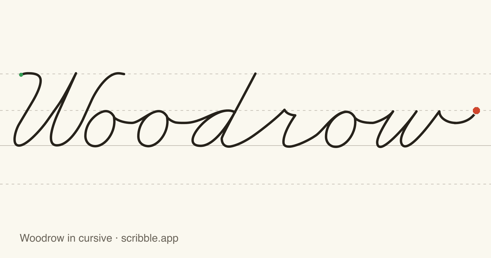 Woodrow written in cursive on handwriting guidelines, with a green starting dot and a red stop sign