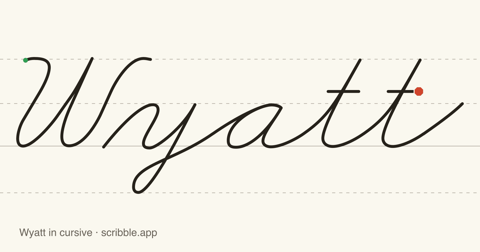 Wyatt written in cursive on handwriting guidelines, with a green starting dot and a red stop sign