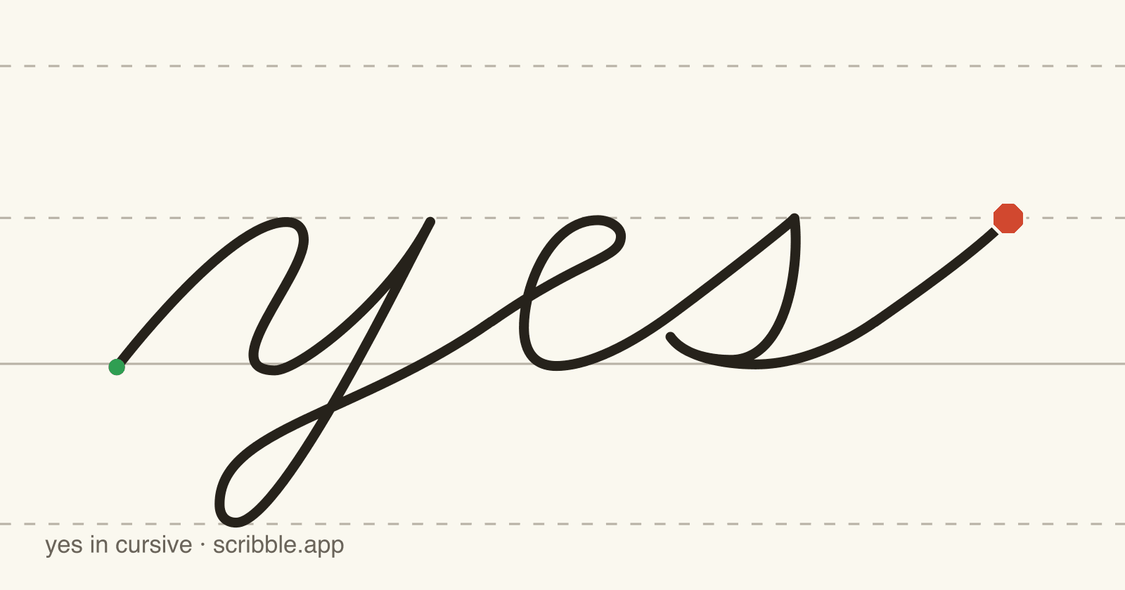 yes written in cursive on handwriting guidelines, with a green starting dot and a red stop sign