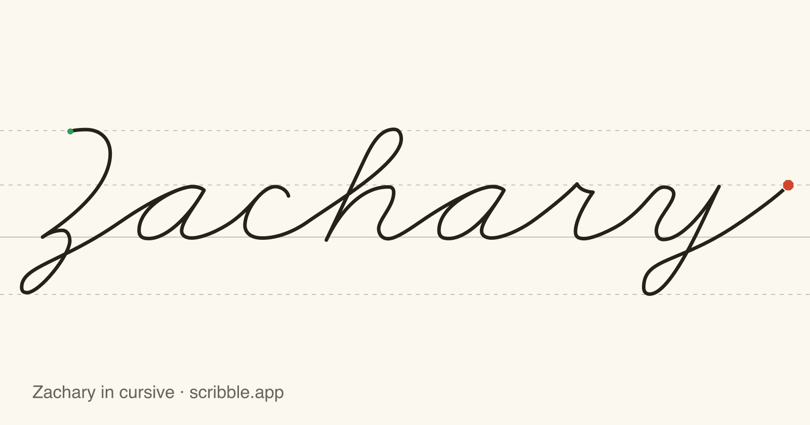 Zachary written in cursive on handwriting guidelines, with a green starting dot and a red stop sign