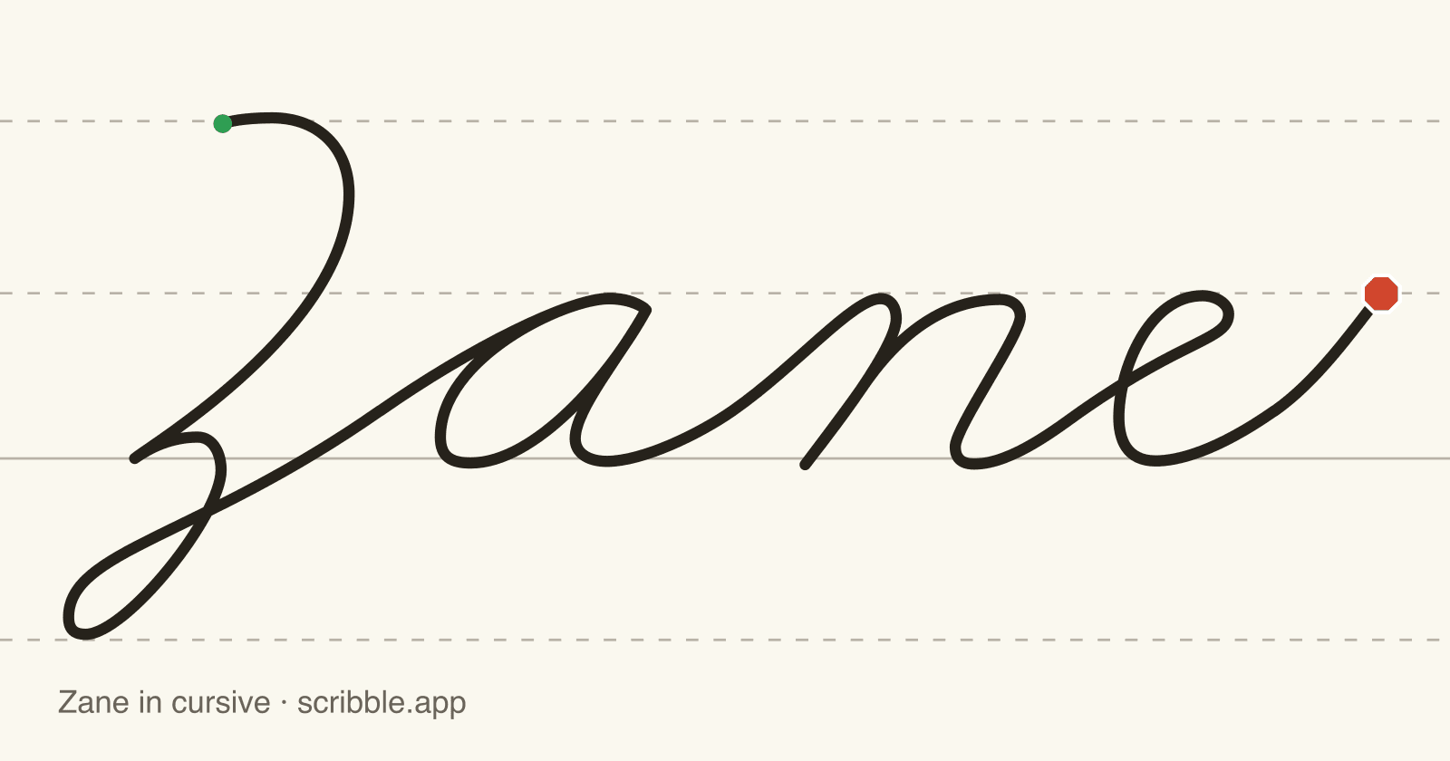 Zane written in cursive on handwriting guidelines, with a green starting dot and a red stop sign