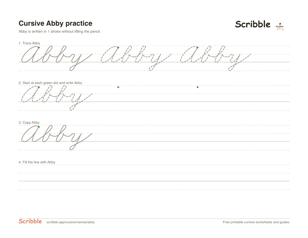 Preview of the printable Abby in cursive worksheet: trace, copy, and practice rows
