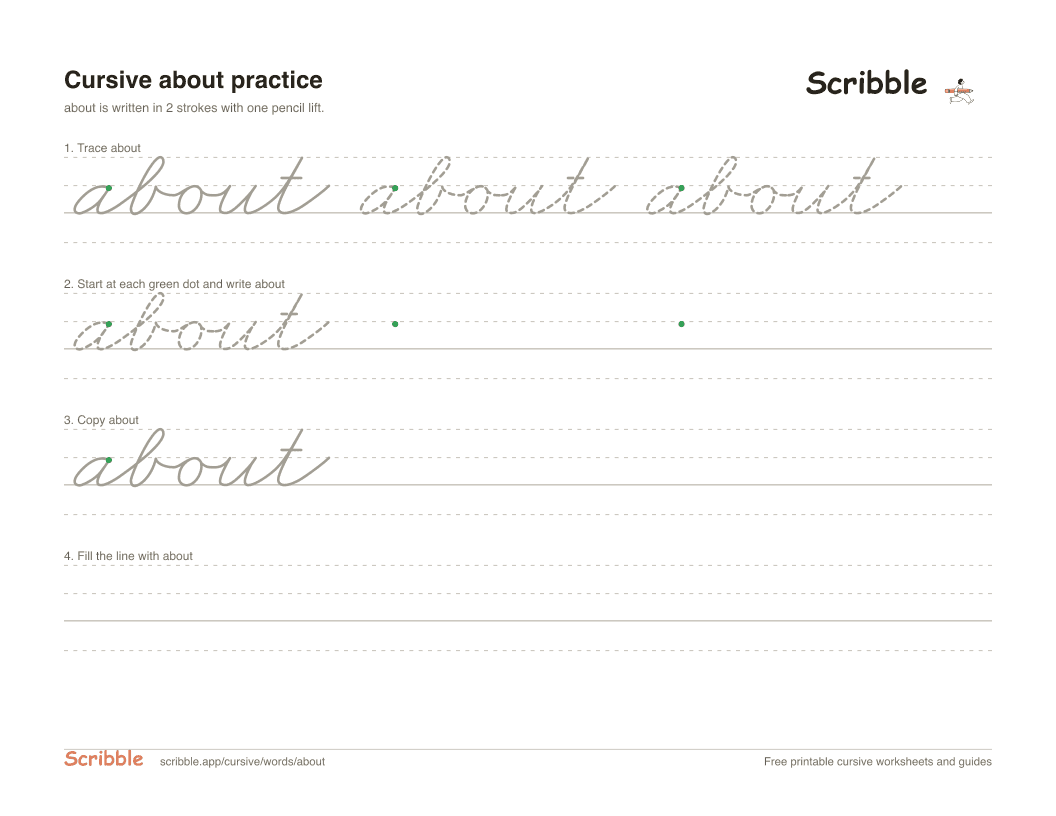 Preview of the printable about in cursive worksheet: trace, copy, and practice rows