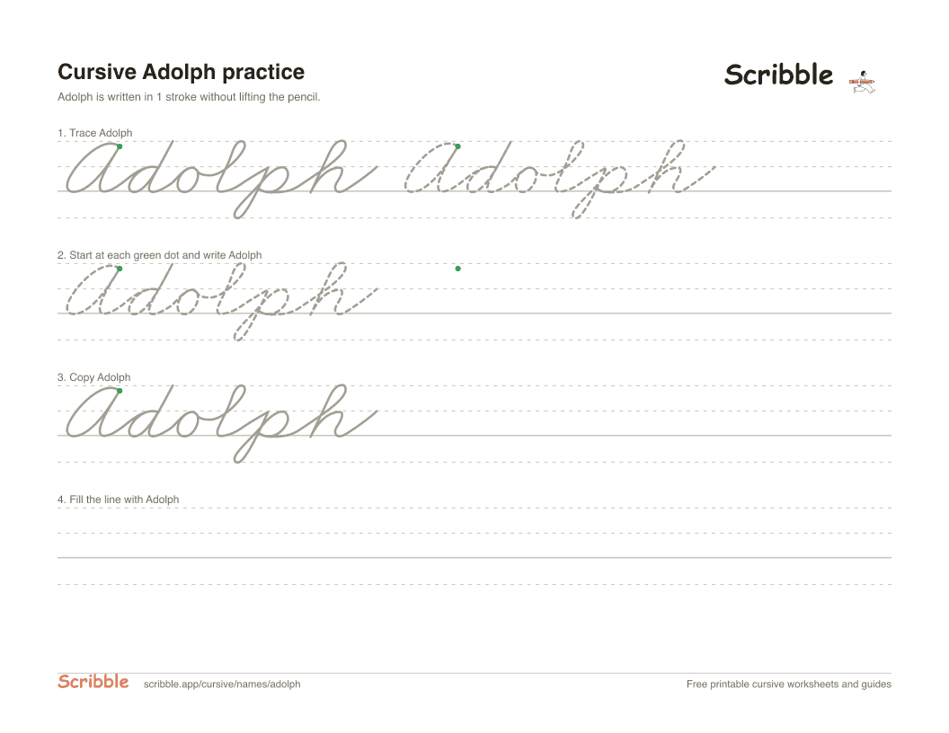 Preview of the printable Adolph in cursive worksheet: trace, copy, and practice rows