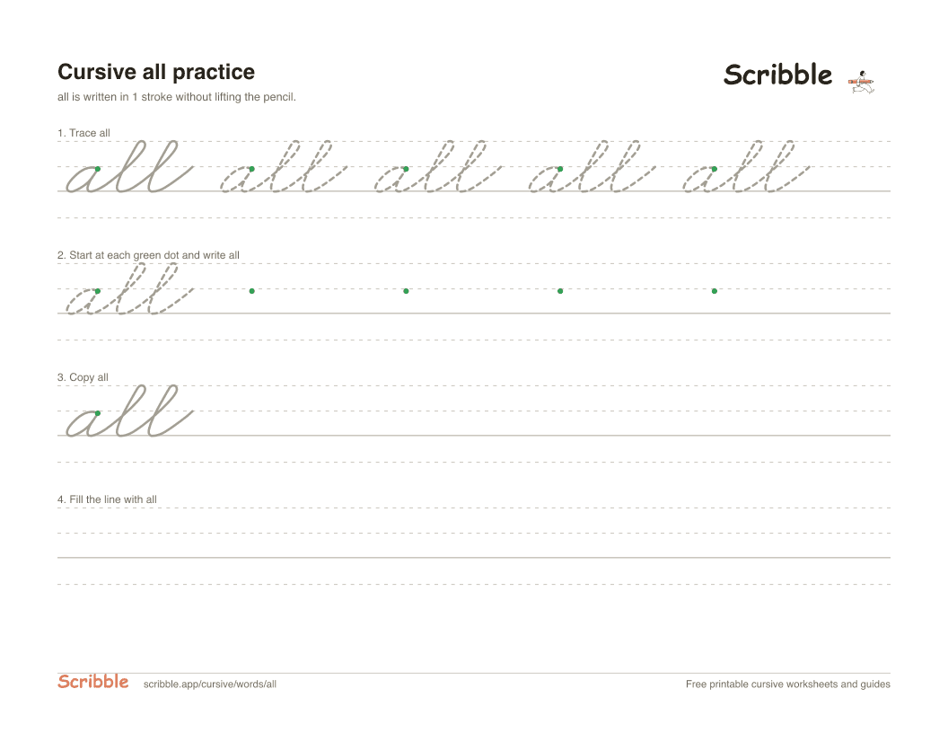 Preview of the printable all in cursive worksheet: trace, copy, and practice rows
