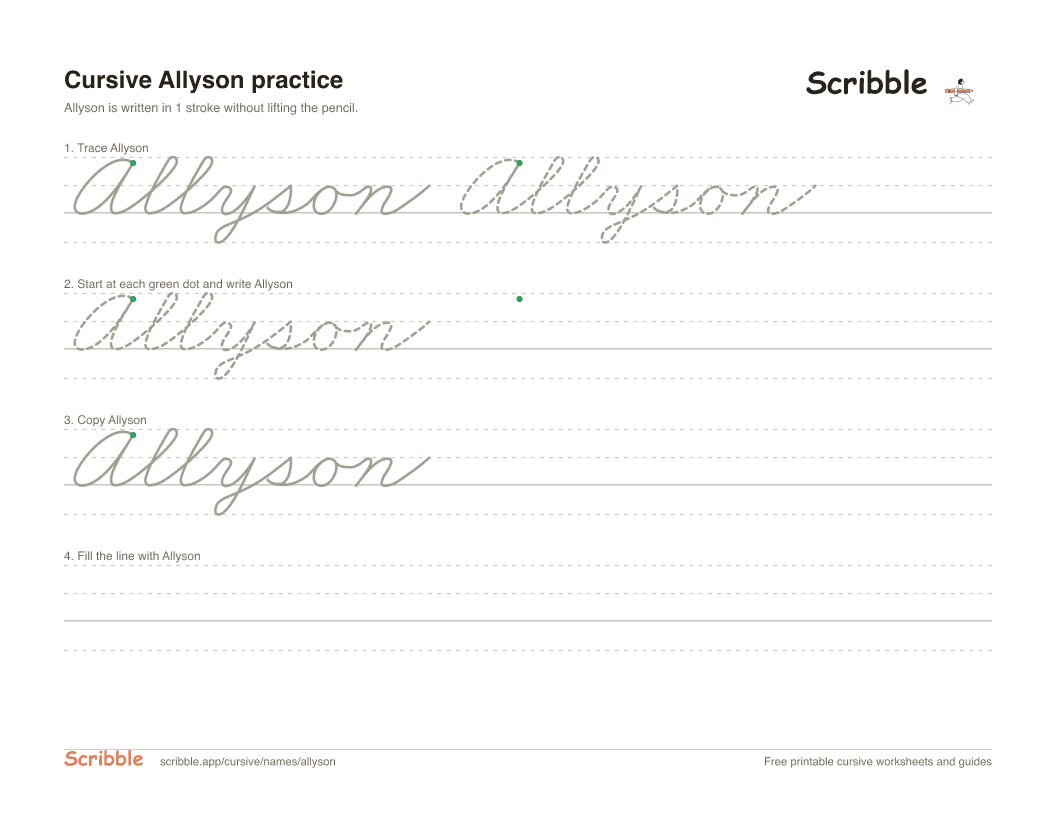 Preview of the printable Allyson in cursive worksheet: trace, copy, and practice rows