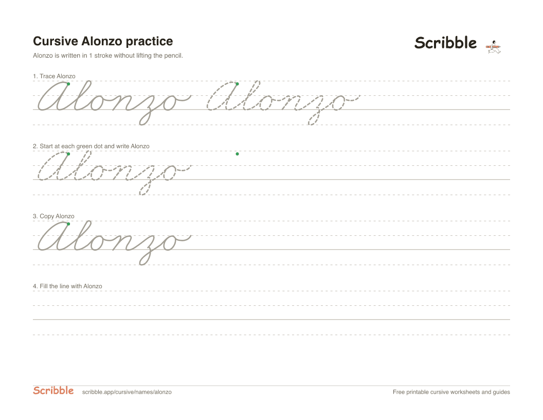 Preview of the printable Alonzo in cursive worksheet: trace, copy, and practice rows
