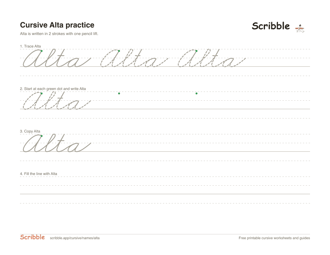 Preview of the printable Alta in cursive worksheet: trace, copy, and practice rows