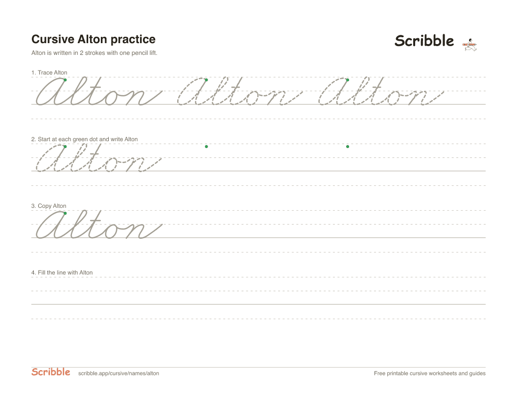 Preview of the printable Alton in cursive worksheet: trace, copy, and practice rows