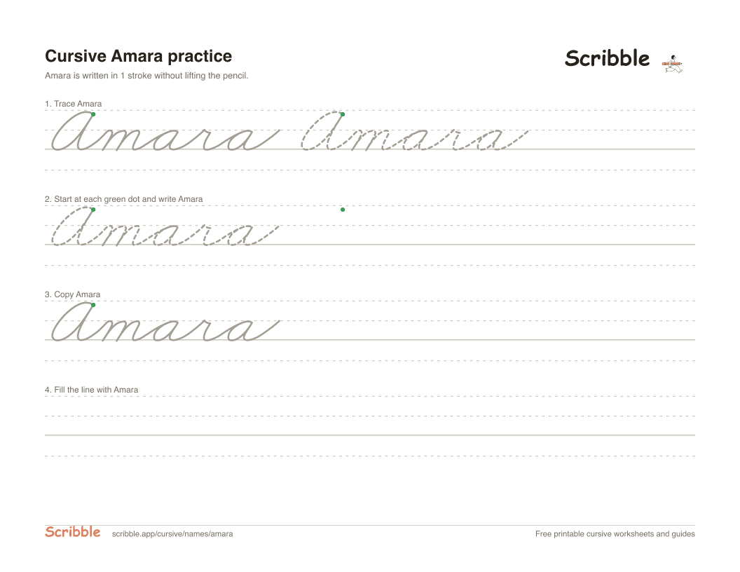 Preview of the printable Amara in cursive worksheet: trace, copy, and practice rows
