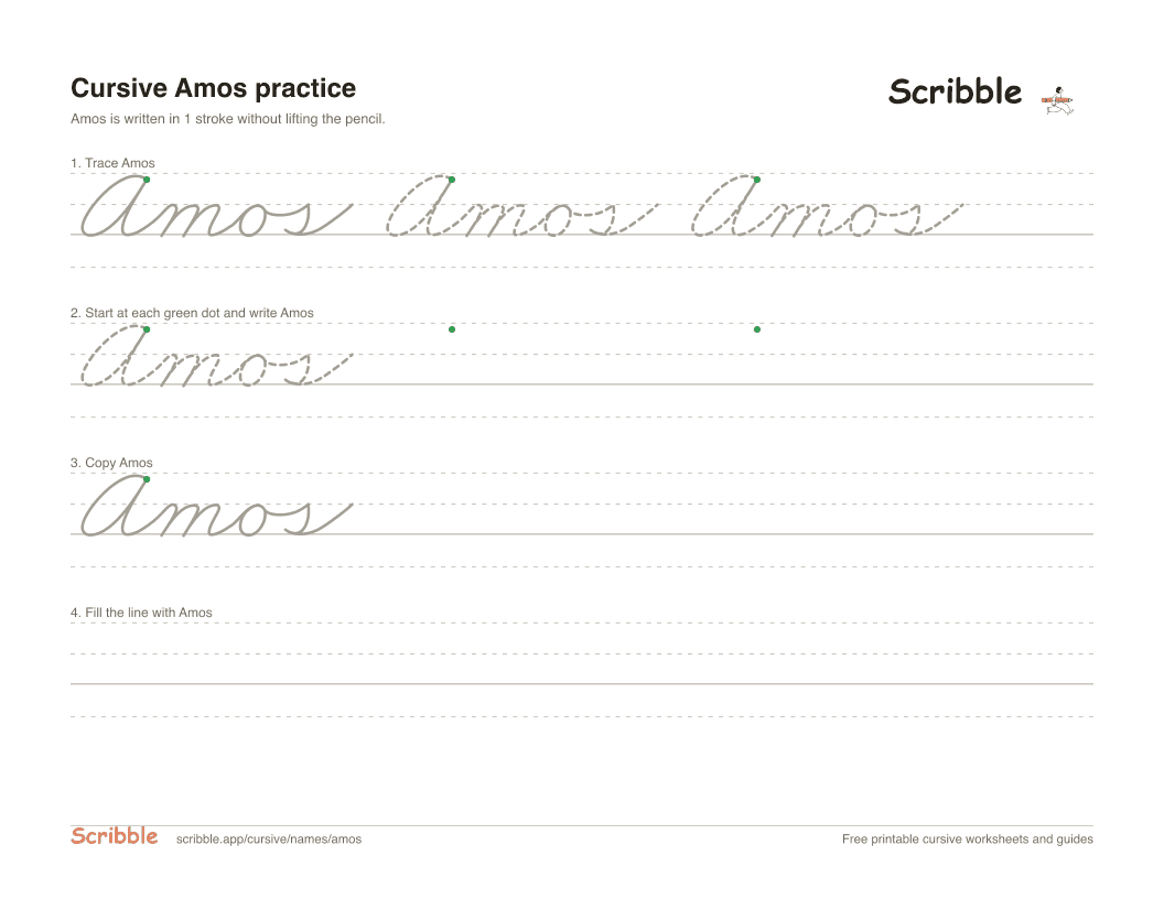 Preview of the printable Amos in cursive worksheet: trace, copy, and practice rows