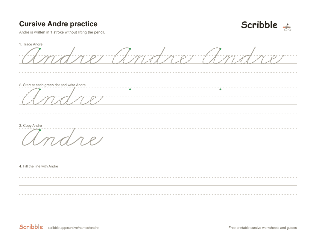 Preview of the printable Andre in cursive worksheet: trace, copy, and practice rows