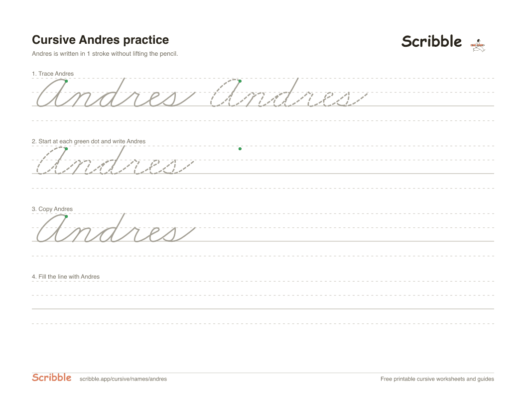Preview of the printable Andres in cursive worksheet: trace, copy, and practice rows