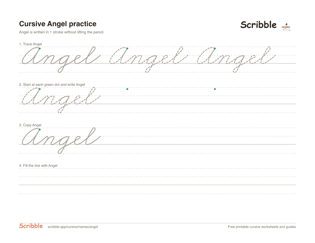 Preview of the printable Angel in cursive worksheet: trace, copy, and practice rows