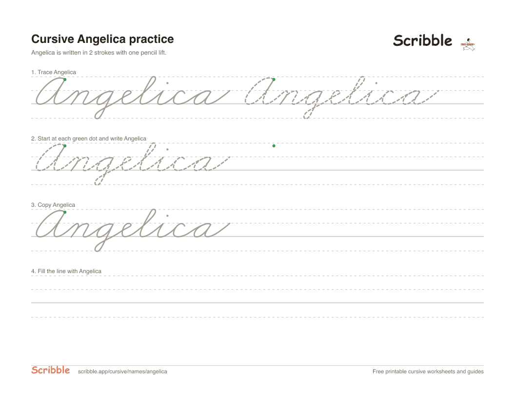 Preview of the printable Angelica in cursive worksheet: trace, copy, and practice rows