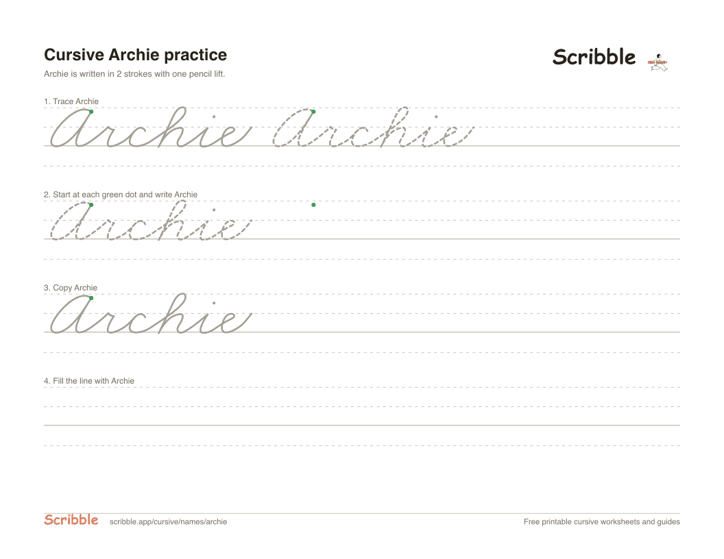 Preview of the printable Archie in cursive worksheet: trace, copy, and practice rows