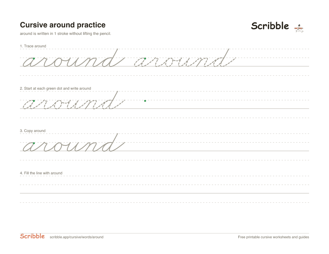Preview of the printable around in cursive worksheet: trace, copy, and practice rows