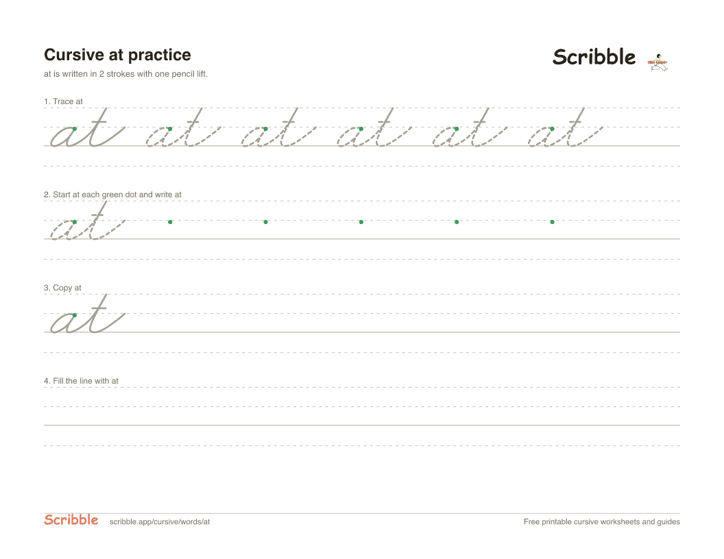 Preview of the printable at in cursive worksheet: trace, copy, and practice rows