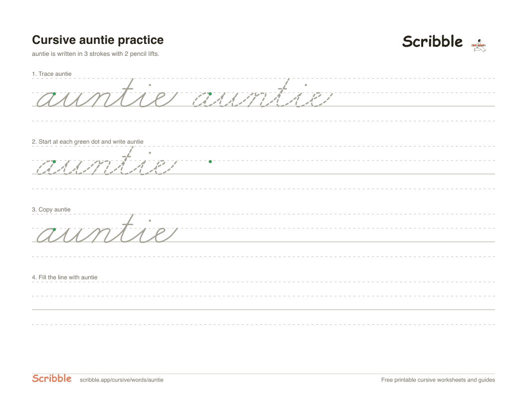 Preview of the printable auntie in cursive worksheet: trace, copy, and practice rows
