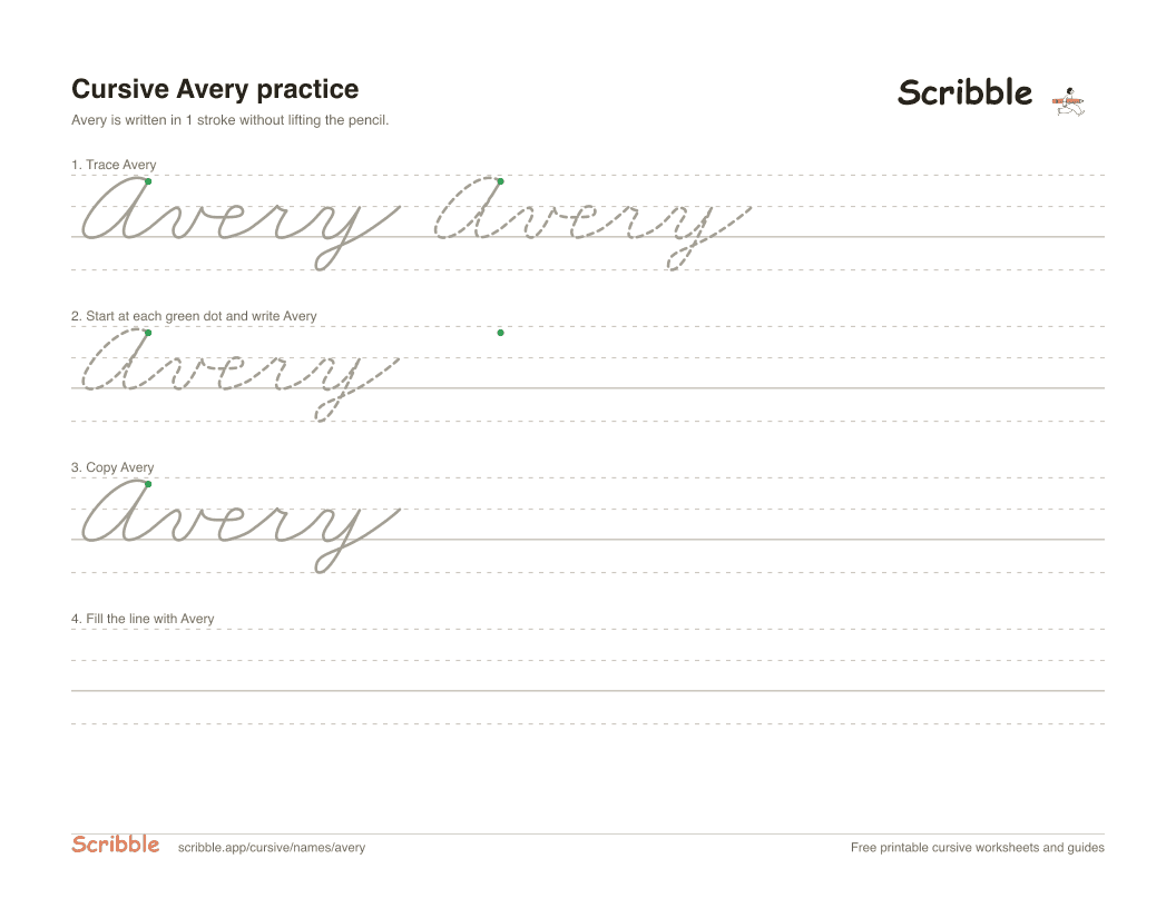 Preview of the printable Avery in cursive worksheet: trace, copy, and practice rows