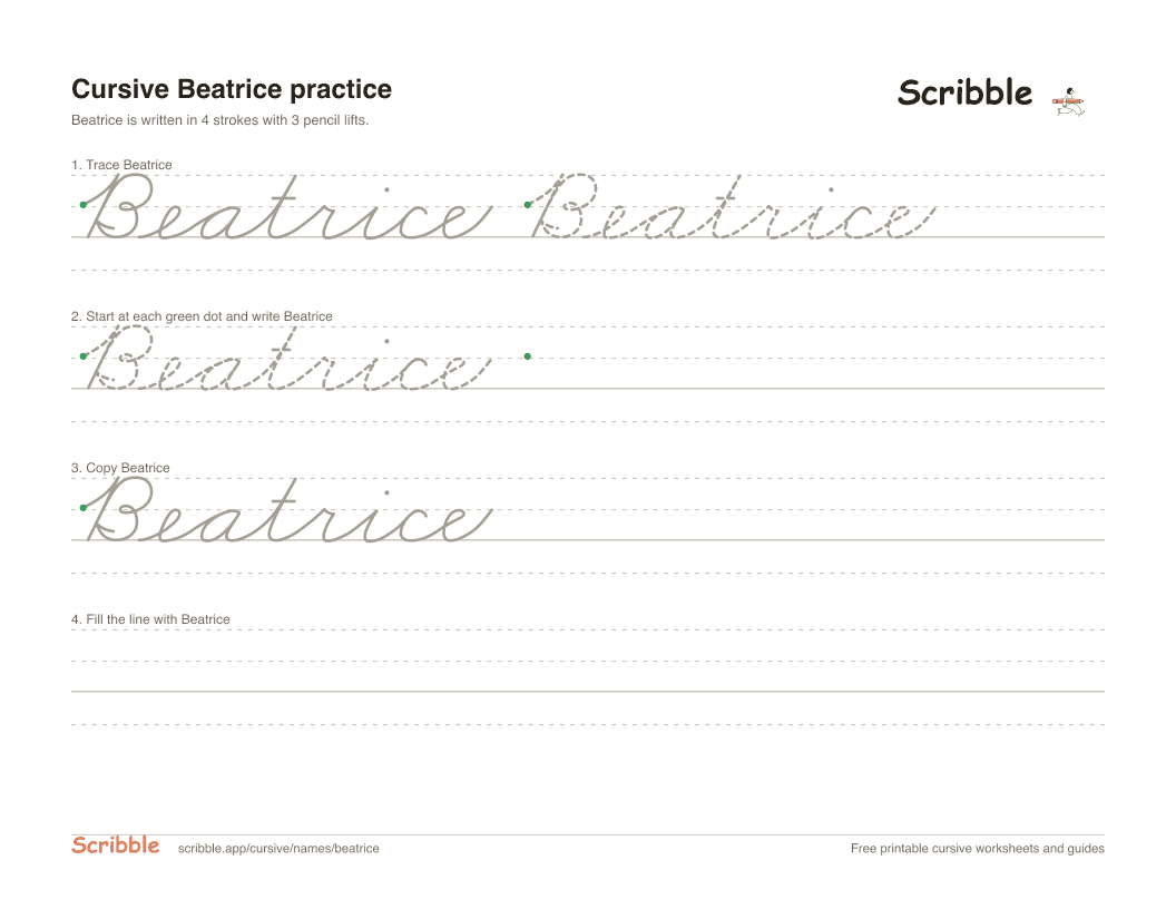 Preview of the printable Beatrice in cursive worksheet: trace, copy, and practice rows