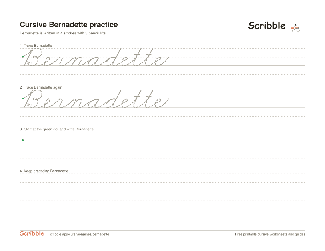 Preview of the printable Bernadette in cursive worksheet: trace, copy, and practice rows