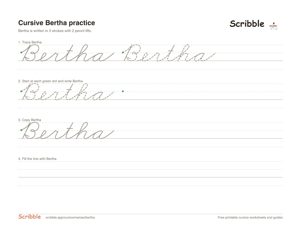 Preview of the printable Bertha in cursive worksheet: trace, copy, and practice rows