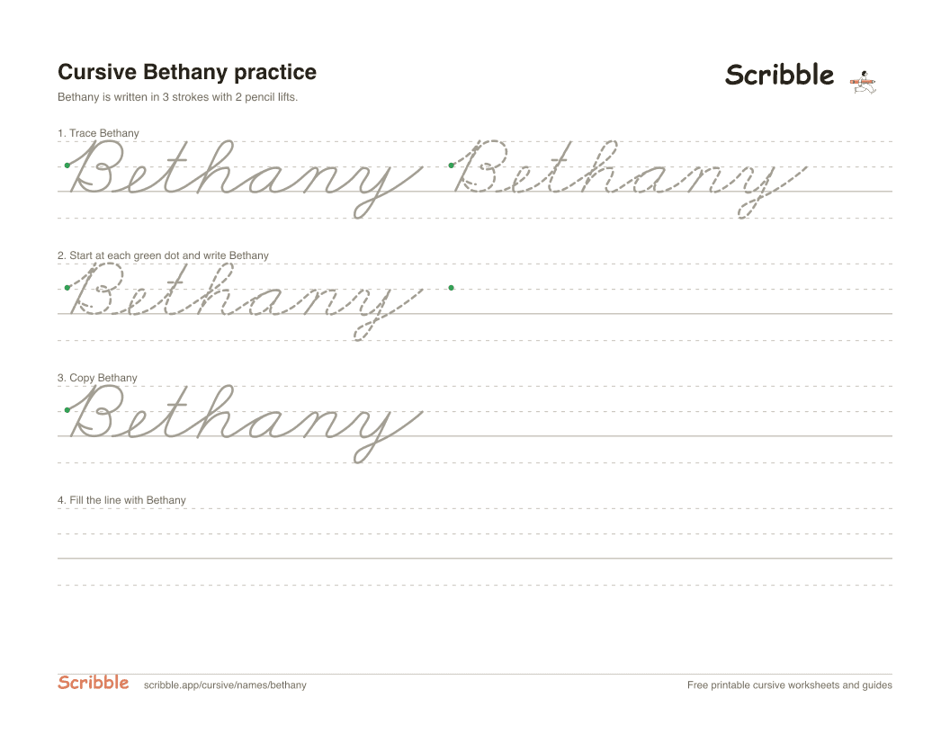 Preview of the printable Bethany in cursive worksheet: trace, copy, and practice rows
