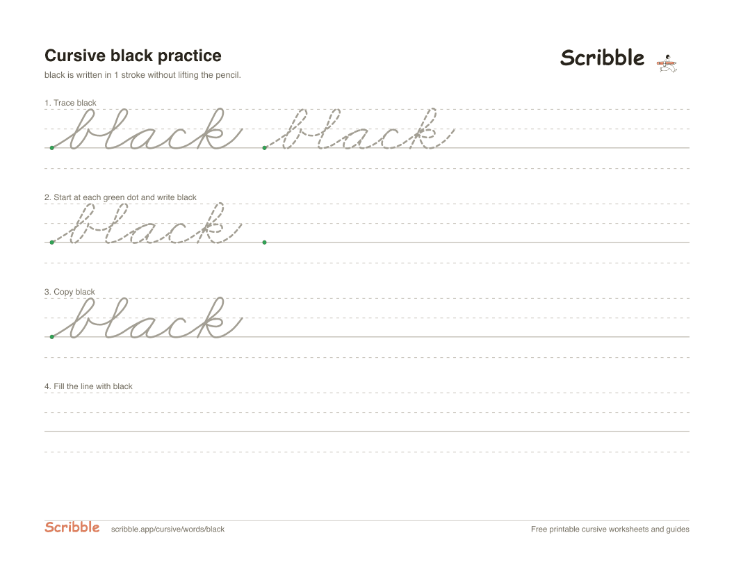 Preview of the printable black in cursive worksheet: trace, copy, and practice rows