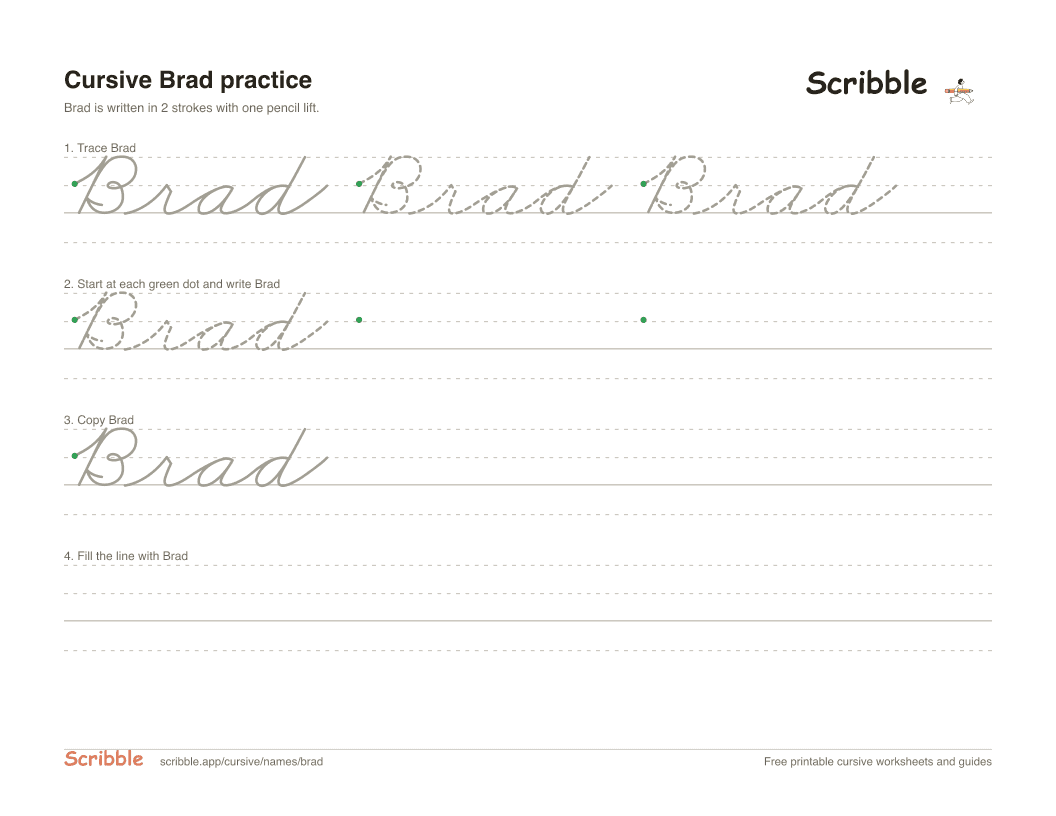 Preview of the printable Brad in cursive worksheet: trace, copy, and practice rows