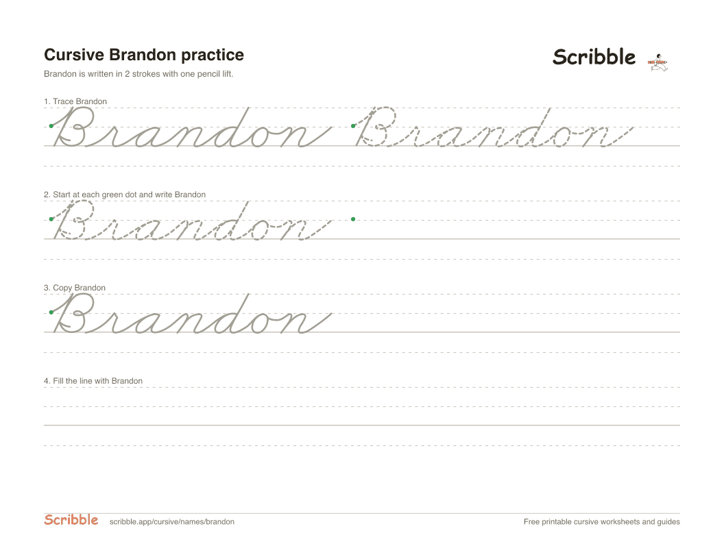 Preview of the printable Brandon in cursive worksheet: trace, copy, and practice rows