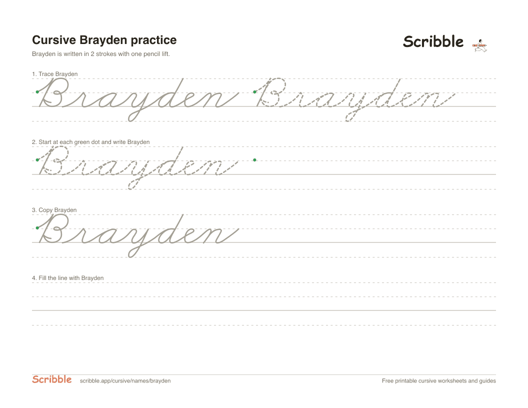 Preview of the printable Brayden in cursive worksheet: trace, copy, and practice rows