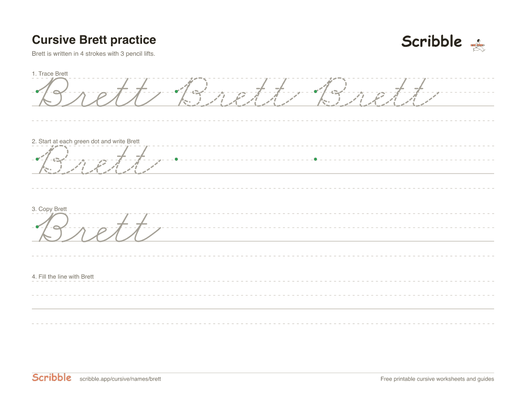 Preview of the printable Brett in cursive worksheet: trace, copy, and practice rows