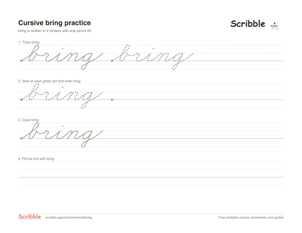 Preview of the printable bring in cursive worksheet: trace, copy, and practice rows
