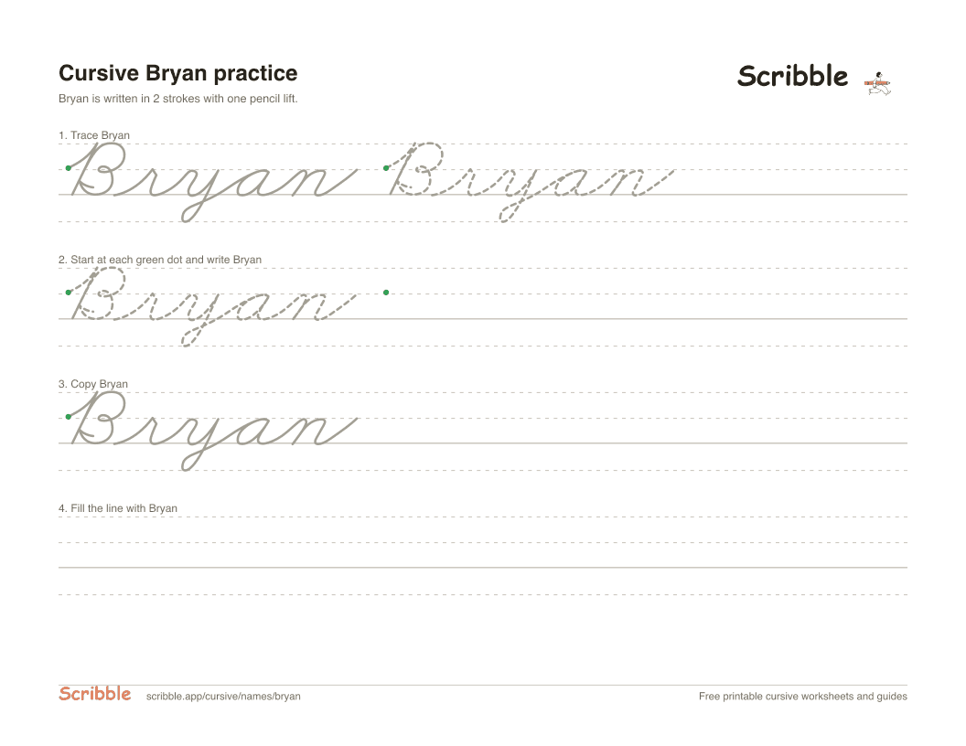 Preview of the printable Bryan in cursive worksheet: trace, copy, and practice rows