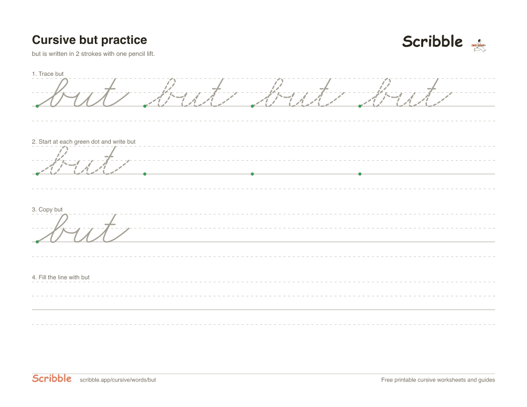 Preview of the printable but in cursive worksheet: trace, copy, and practice rows