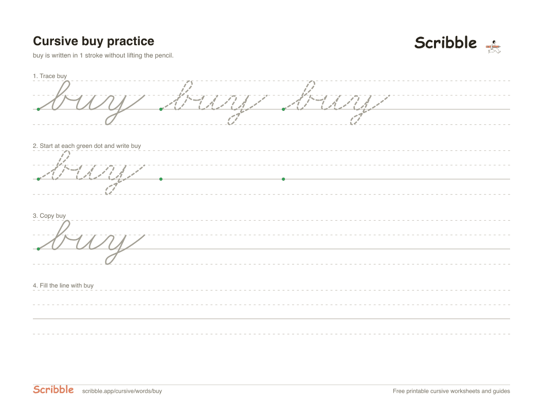 Preview of the printable buy in cursive worksheet: trace, copy, and practice rows