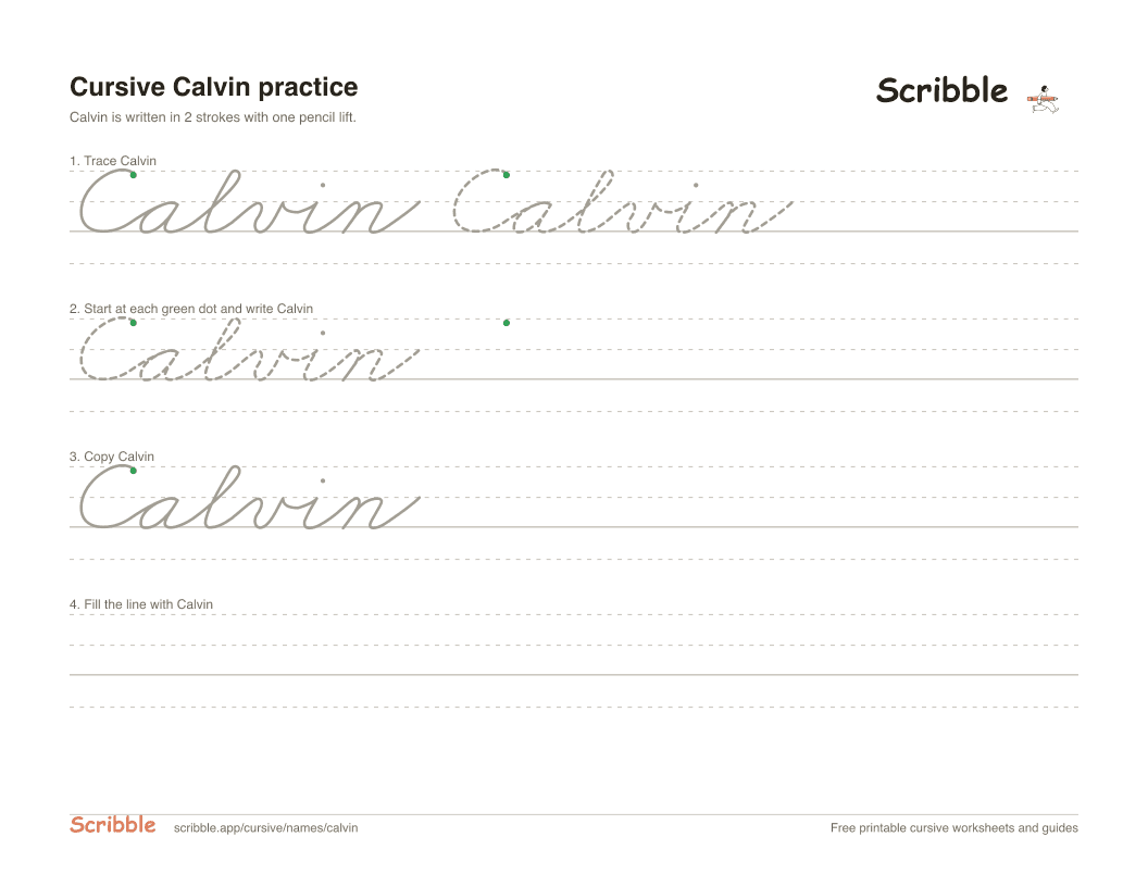 Preview of the printable Calvin in cursive worksheet: trace, copy, and practice rows