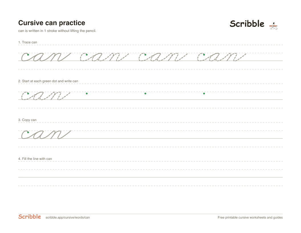 Preview of the printable can in cursive worksheet: trace, copy, and practice rows