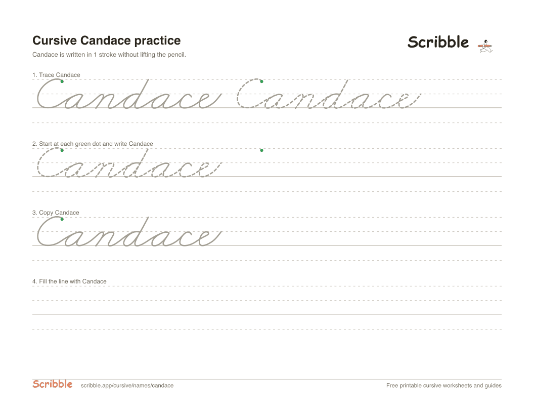 Preview of the printable Candace in cursive worksheet: trace, copy, and practice rows