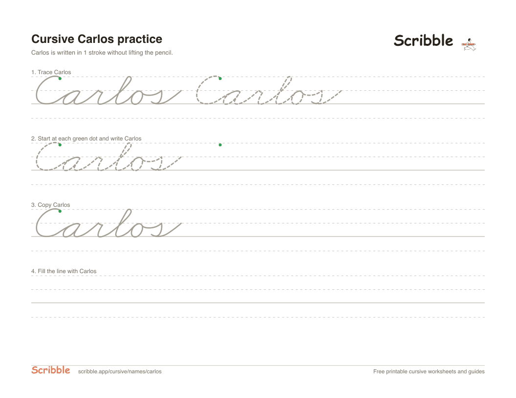 Preview of the printable Carlos in cursive worksheet: trace, copy, and practice rows