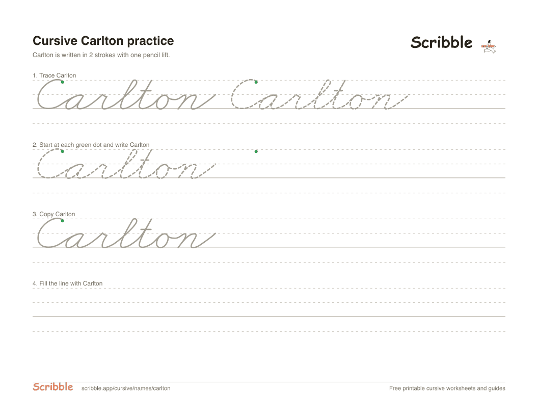 Preview of the printable Carlton in cursive worksheet: trace, copy, and practice rows